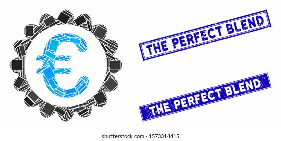 Mosaic Euro quality pictogram and rectangular The Perfect Blend seal stamps. Flat vector Euro quality mosaic pictogram of random rotated rectangle elements.
