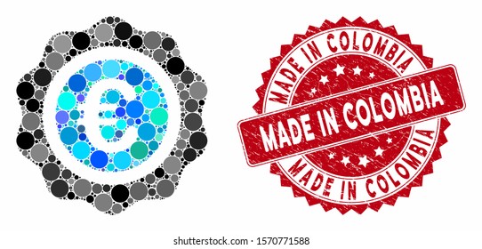 Mosaic Euro quality seal and grunge stamp watermark with Made in Colombia text. Mosaic vector is formed with Euro quality seal icon and with scattered round elements.