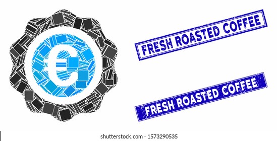 Mosaic Euro quality seal pictogram and rectangle Fresh Roasted Coffee stamps. Flat vector Euro quality seal mosaic pictogram of randomized rotated rectangular elements.