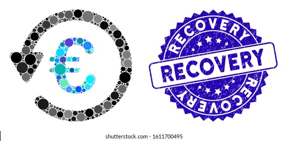 Mosaic Euro rebate icon and corroded stamp watermark with Recovery caption. Mosaic vector is composed with Euro rebate pictogram and with random spheric items. Recovery stamp uses blue color,