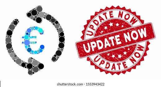 Mosaic Euro repeat arrows and grunge stamp watermark with Update Now text. Mosaic vector is designed with Euro repeat arrows icon and with scattered round elements.