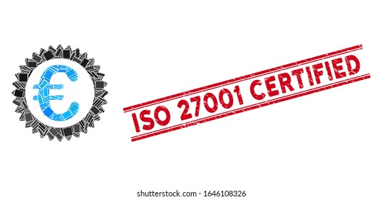 Mosaic Euro reward stamp pictogram and red ISO 27001 Certified rubber print between double parallel lines. Flat vector Euro reward stamp mosaic pictogram of scattered rotated rectangle elements.