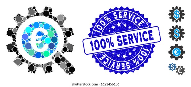 Mosaic Euro search options icon and distressed stamp seal with 100% Service phrase. Mosaic vector is formed with Euro search options icon and with scattered circle items.