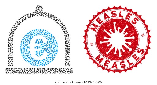 Mosaic Euro standard icon and red rounded rubber stamp watermark with Measles text and coronavirus symbol. Mosaic vector is created from Euro standard icon and with random ellipse spots.