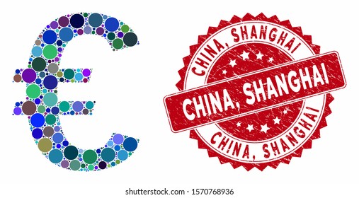 Mosaic Euro symbol and corroded stamp watermark with China, Shanghai text. Mosaic vector is created with Euro symbol icon and with random round elements. China, Shanghai stamp uses red color,