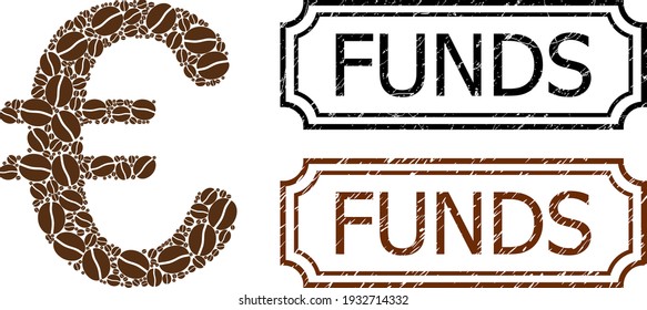 Mosaic Euro symbol united from coffee seeds, and grunge Funds rectangle stamps with notches. Vector coffee elements are united into abstract collage Euro symbol icon with brown color.