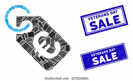 Mosaic Euro tag pictogram and rectangular Veterans Day Sale watermarks. Flat vector Euro tag mosaic pictogram of scattered rotated rectangular items.