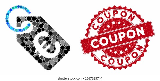 Mosaic Euro tag and rubber stamp watermark with Coupon caption. Mosaic vector is created with Euro tag icon and with random round items. Coupon stamp uses red color, and scratched design.