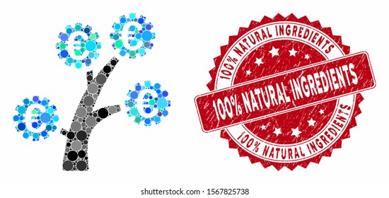 Mosaic Euro technology tree and rubber stamp watermark with 100% Natural Ingredients phrase. Mosaic vector is formed with Euro technology tree icon and with random round spots.