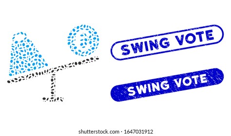 Mosaic Euro trade swing and distressed stamp seals with Swing Vote caption. Mosaic vector Euro trade swing is designed with scattered ellipse items. Swing Vote stamp seals use blue color,