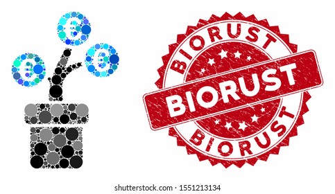 Mosaic Euro tree pot and rubber stamp seal with Biorust caption. Mosaic vector is composed with Euro tree pot icon and with scattered spheric items. Biorust seal uses red color, and rubber surface.