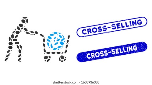 Mosaic euro trolley cashout and grunge stamp seals with Cross-Selling text. Mosaic vector euro trolley cashout is formed with random ellipse dots. Cross-Selling stamp seals use blue color,