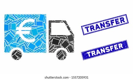 Mosaic Euro truck icon and rectangle watermarks. Flat vector Euro truck mosaic icon of randomized rotated rectangle elements. Blue caption rubber stamps with rubber texture.