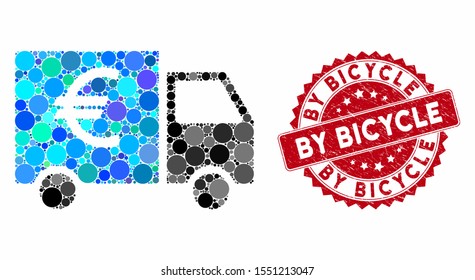 Mosaic Euro truck and rubber stamp seal with By Bicycle phrase. Mosaic vector is designed with Euro truck icon and with scattered spheric items. By Bicycle stamp uses red color, and rubber surface.