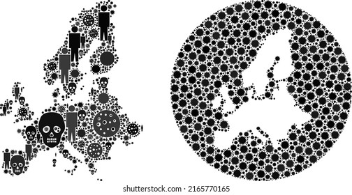 Mosaic Euro Union map designed from covid virus items and men and skeleton elements. Infection virus Euro Union map mosaic formed with sphere and hole. Mosaics designed for treatment agitprop.