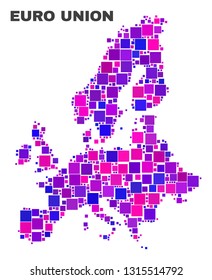 Mosaic Euro Union map isolated on a white background. Vector geographic abstraction in pink and violet colors. Mosaic of Euro Union map combined of scattered square elements.