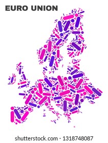 Mosaic Euro Union map isolated on a white background. Vector geographic abstraction in pink and violet colors. Mosaic of Euro Union map combined of random circle dots and lines.