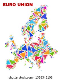 Mosaic Euro Union map of triangles in bright colors isolated on a white background. Triangular collage in shape of Euro Union map. Abstract design for patriotic purposes.