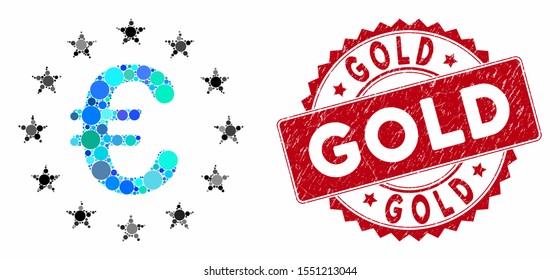 Mosaic Euro union stars and rubber stamp seal with Gold caption. Mosaic vector is designed with Euro union stars icon and with randomized circle items. Gold seal uses red color, and rubber design.