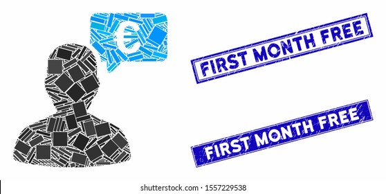 Mosaic Euro user opinion icon and rectangular watermarks. Flat vector Euro user opinion mosaic icon of randomized rotated rectangular items. Blue caption rubber stamps with rubber texture.