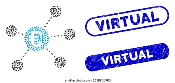 Mosaic Euro virtual links and grunge stamp seals with Virtual caption. Mosaic vector Euro virtual links is composed with randomized oval parts. Virtual stamp seals use blue color,