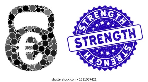 Mosaic Euro weight icon and grunge stamp watermark with Strength phrase. Mosaic vector is created with Euro weight icon and with scattered spheric elements. Strength stamp seal uses blue color,