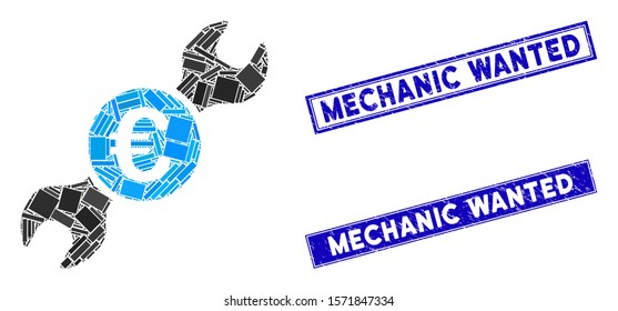 Mosaic Euro wrench pictogram and rectangular Mechanic Wanted stamps. Flat vector Euro wrench mosaic pictogram of random rotated rectangular items.