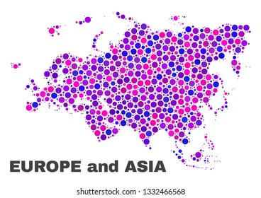 Mosaic Europe and Asia map isolated on a white background. Vector geographic abstraction in pink and violet colors. Mosaic of Europe and Asia map combined of scattered round dots.
