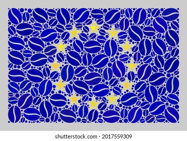 Mosaic Europe flag is created of cacao seed icons. Vector coffee mosaic Europe flag constructed for cafeteria posters. Europe flag collage is done of scattered coffee beans.