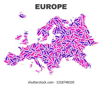 Mosaic Europe map isolated on a white background. Vector geographic abstraction in pink and violet colors. Mosaic of Europe map combined of scattered round dots and lines.