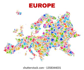 Mosaic Europe map of triangles in bright colors isolated on a white background. Triangular collage in shape of Europe map. Abstract design for patriotic decoration.