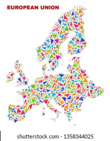 Mosaic European Union map of triangles in bright colors isolated on a white background. Triangular collage in shape of European Union map. Abstract design for patriotic illustrations.