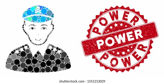 Mosaic evil army general and distressed stamp seal with Power caption. Mosaic vector is composed with evil army general icon and with random circle elements. Power stamp uses red color,