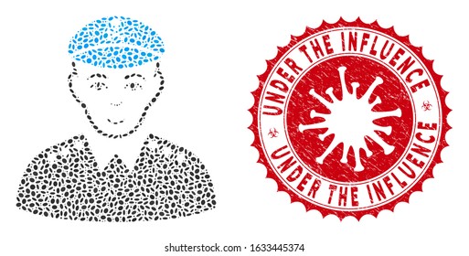 Mosaic evil army general icon and red round grunge stamp seal with Under the Influence phrase and coronavirus symbol.