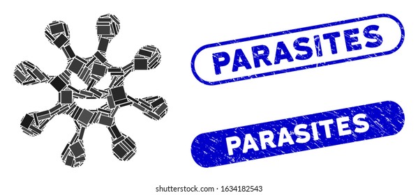 Mosaic evil bacteria and corroded stamp seals with Parasites text. Mosaic vector evil bacteria is composed with random rectangle items. Parasites seals use blue color, and have round rectangle shape.