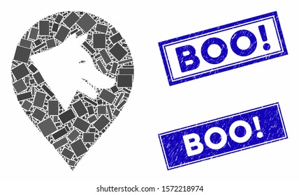 Mosaic evil dog marker pictogram and rectangle Boo! rubber prints. Flat vector evil dog marker mosaic pictogram of scattered rotated rectangular elements.