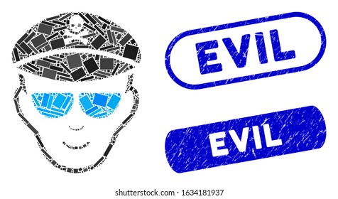 Mosaic evil soldier face and corroded stamp seals with Evil caption. Mosaic vector evil soldier face is created with random rectangle items. Evil stamp seals use blue color,