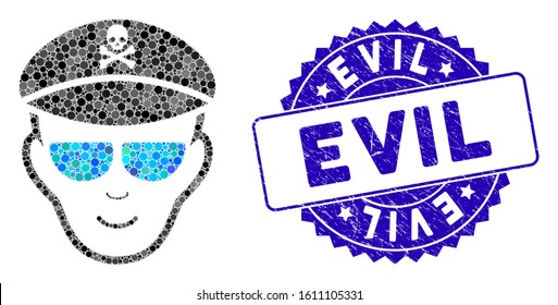 Mosaic evil soldier face icon and rubber stamp seal with Evil phrase. Mosaic vector is designed with evil soldier face icon and with random spheric elements. Evil stamp uses blue color,