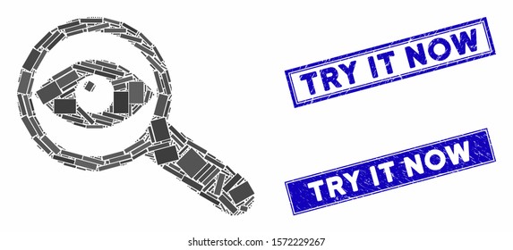 Mosaic examine eye pictogram and rectangle Try It Now rubber prints. Flat vector examine eye mosaic pictogram of scattered rotated rectangle elements.
