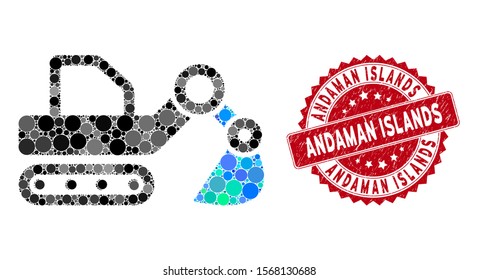 Mosaic excavator and distressed stamp seal with Andaman Islands phrase. Mosaic vector is created with excavator icon and with randomized spheric spots. Andaman Islands seal uses red color,