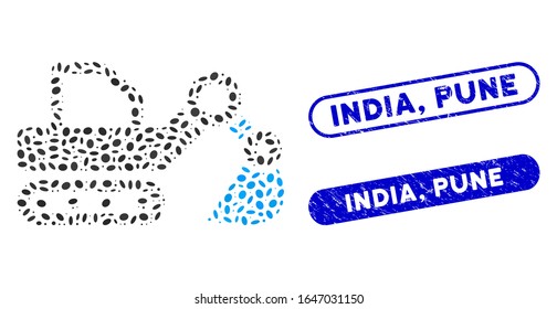 Mosaic excavator and distressed stamp seals with India, Pune text. Mosaic vector excavator is created with scattered elliptic pieces. India, Pune seals use blue color, and have round rectangle shape.