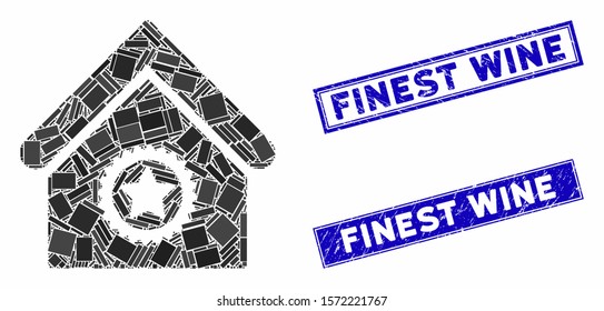 Mosaic excellent building icon and rectangle Finest Wine rubber prints. Flat vector excellent building mosaic icon of scattered rotated rectangle items.