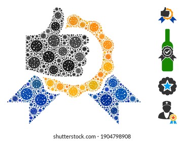 Mosaic excellent united from coronavirus elements in different sizes and color hues. Vector pathogen items are united into abstract mosaic excellent icon. Some bonus icons are added.