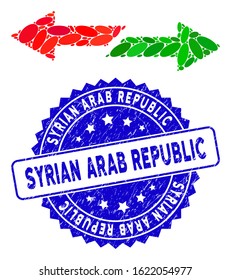 Mosaic exchange arrows icon and corroded stamp seal with Syrian Arab Republic caption. Mosaic vector is created from exchange arrows icon and with random ellipse elements.