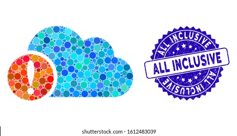 Mosaic exclamation icon and grunge stamp seal with All Inclusive text. Mosaic vector is formed with exclamation icon and with random spheric spots. All Inclusive seal uses blue color,