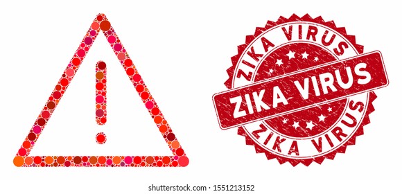 Mosaic exclamation and rubber stamp seal with Zika Virus phrase. Mosaic vector is created with exclamation icon and with scattered circle elements. Zika Virus stamp uses red color, and rubber texture.