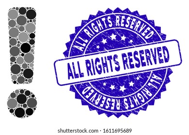 Mosaic exclamation sign icon and grunge stamp seal with All Rights Reserved phrase. Mosaic vector is composed with exclamation sign icon and with scattered circle spots.