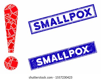 Mosaic exclamation sign icon and rectangle watermarks. Flat vector exclamation sign mosaic icon of random rotated rectangle items. Blue caption watermarks with dirty surface.