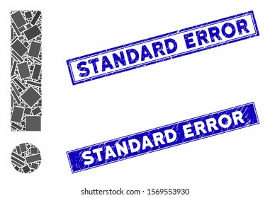 Mosaic exclamation sign icon and rectangle rubber prints. Flat vector exclamation sign mosaic icon of scattered rotated rectangle elements. Blue caption stamp imprints with scratched texture.