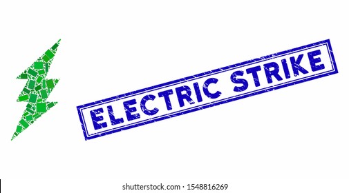 Mosaic execute and distressed stamp seal with Electric Strike text. Mosaic vector execute is composed with randomized rectangle items. Electric Strike stamp seal uses blue color.